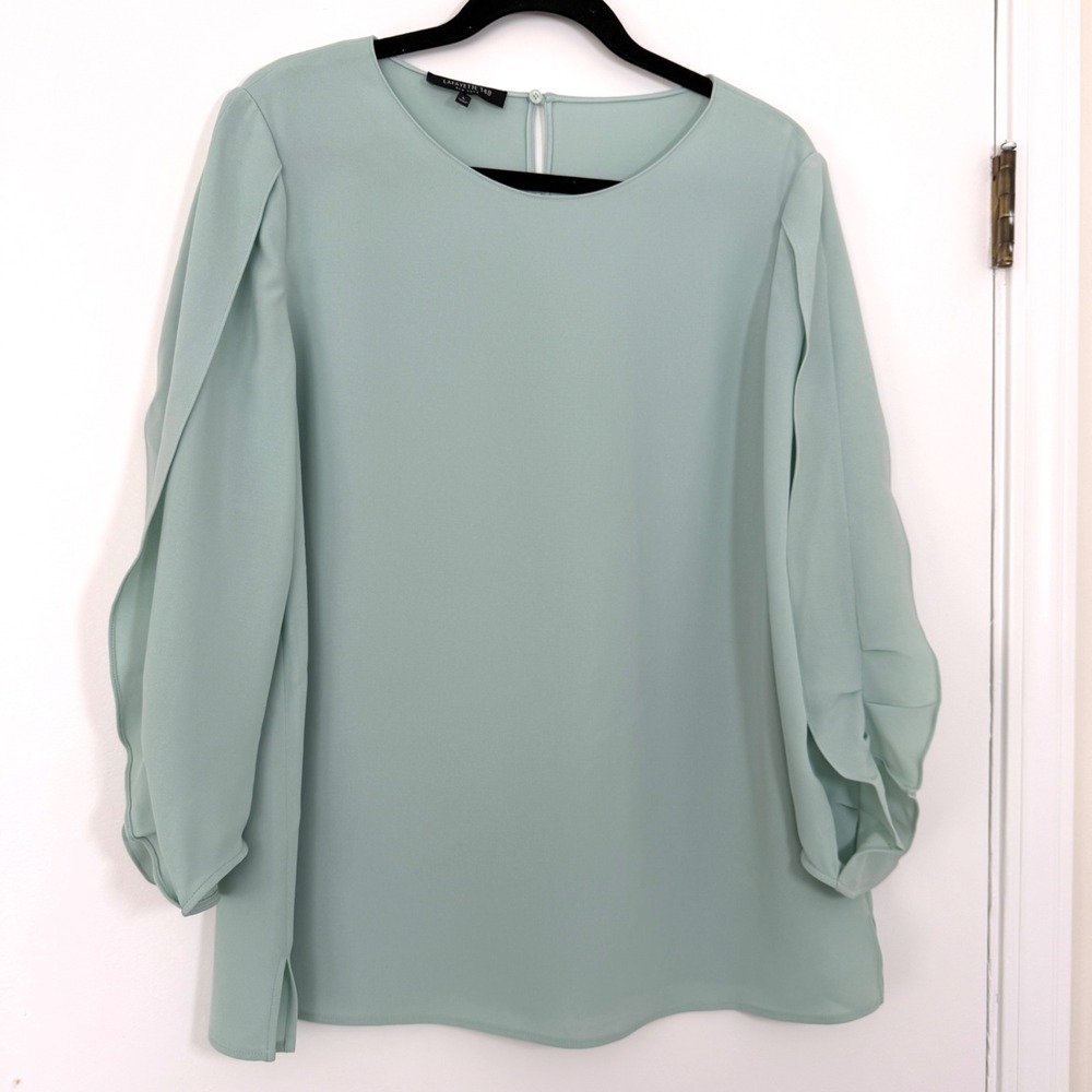 Lafayette 148 New York Mint Green Split Pleated Sleeve Blouse Top Size Large